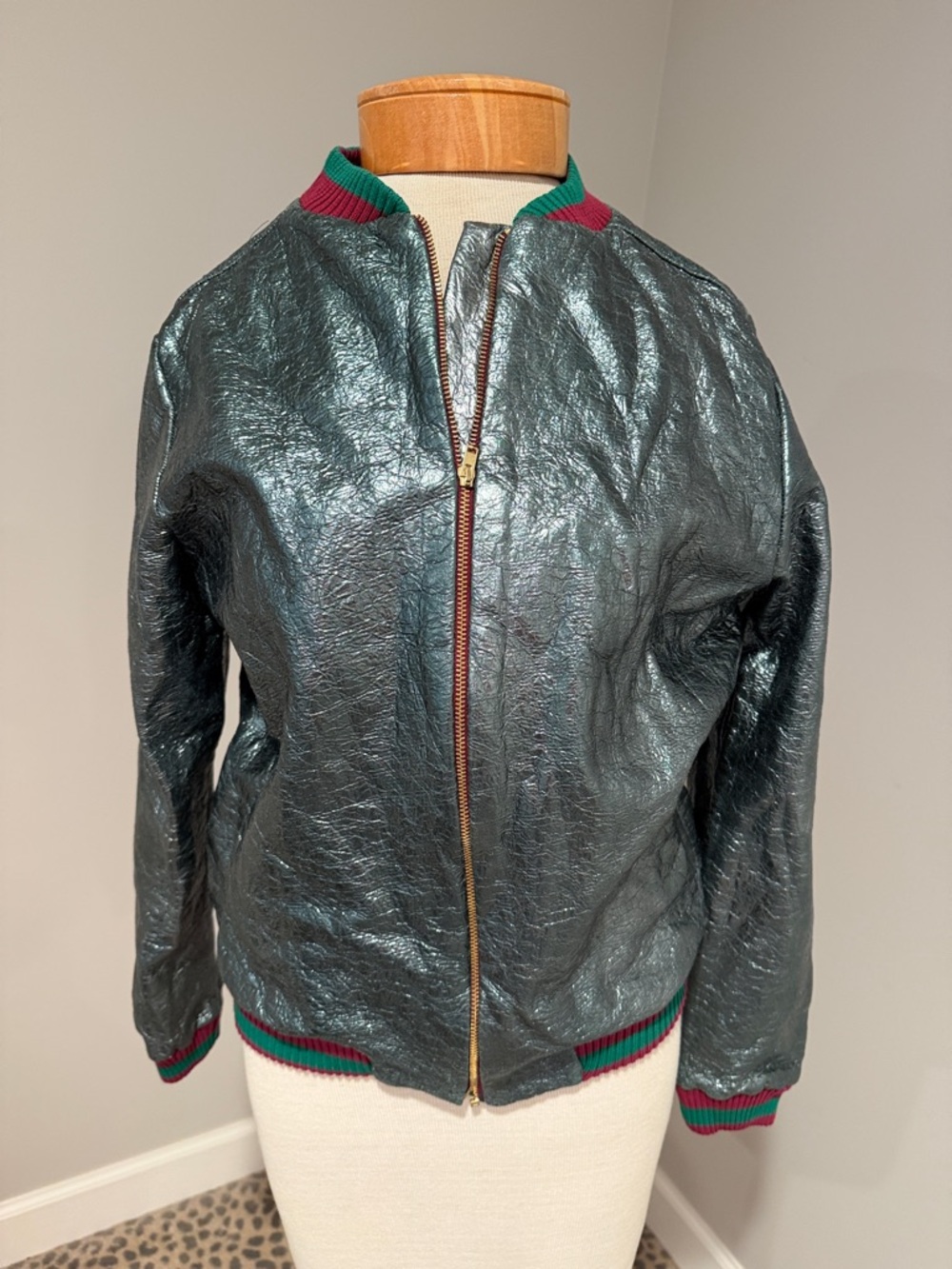 Zara kids Shimmery Dark Teal Bomber Jacket with Red & Green Trim